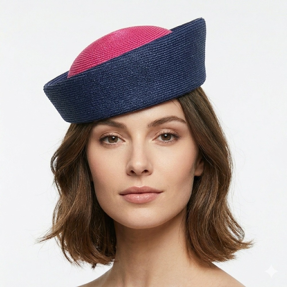 Patricia Underwood Navy Blue Magenta Pink Woven Straw Pillbox Hat Rhinestone Pin